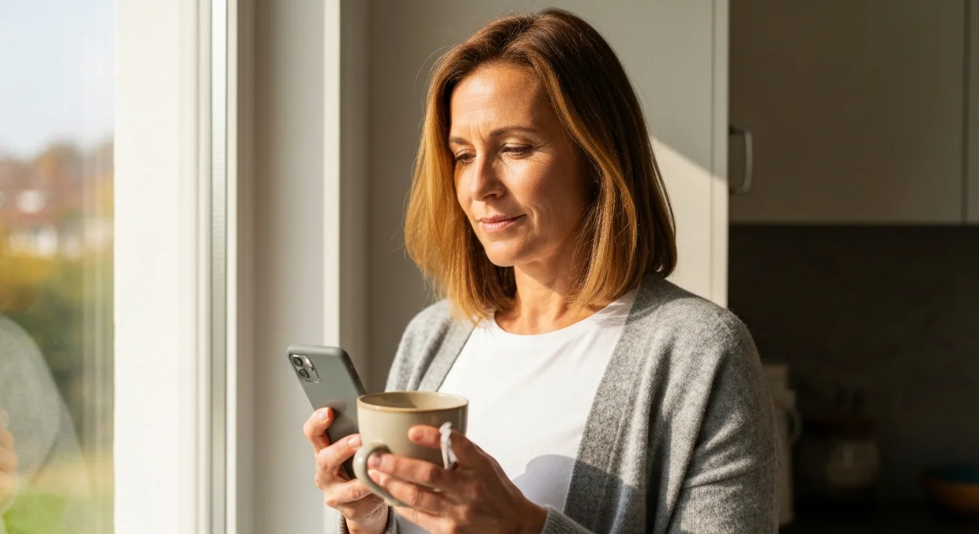 Frau Anfang 40 liest E-Mail auf Smartphone, ruhiger Gesichtsausdruck, Kaffee in der Hand