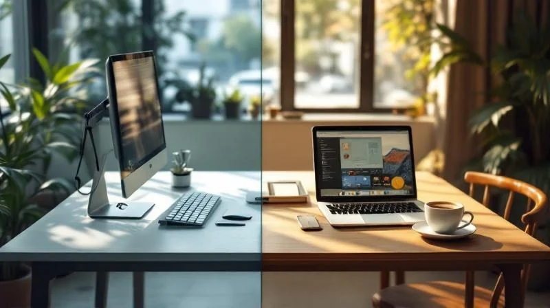 Zwei geteilte Schreibtische nebeneinander, einer klassisch Büro, einer im Café mit Laptop, symbolisch für Anstellung und Freelance