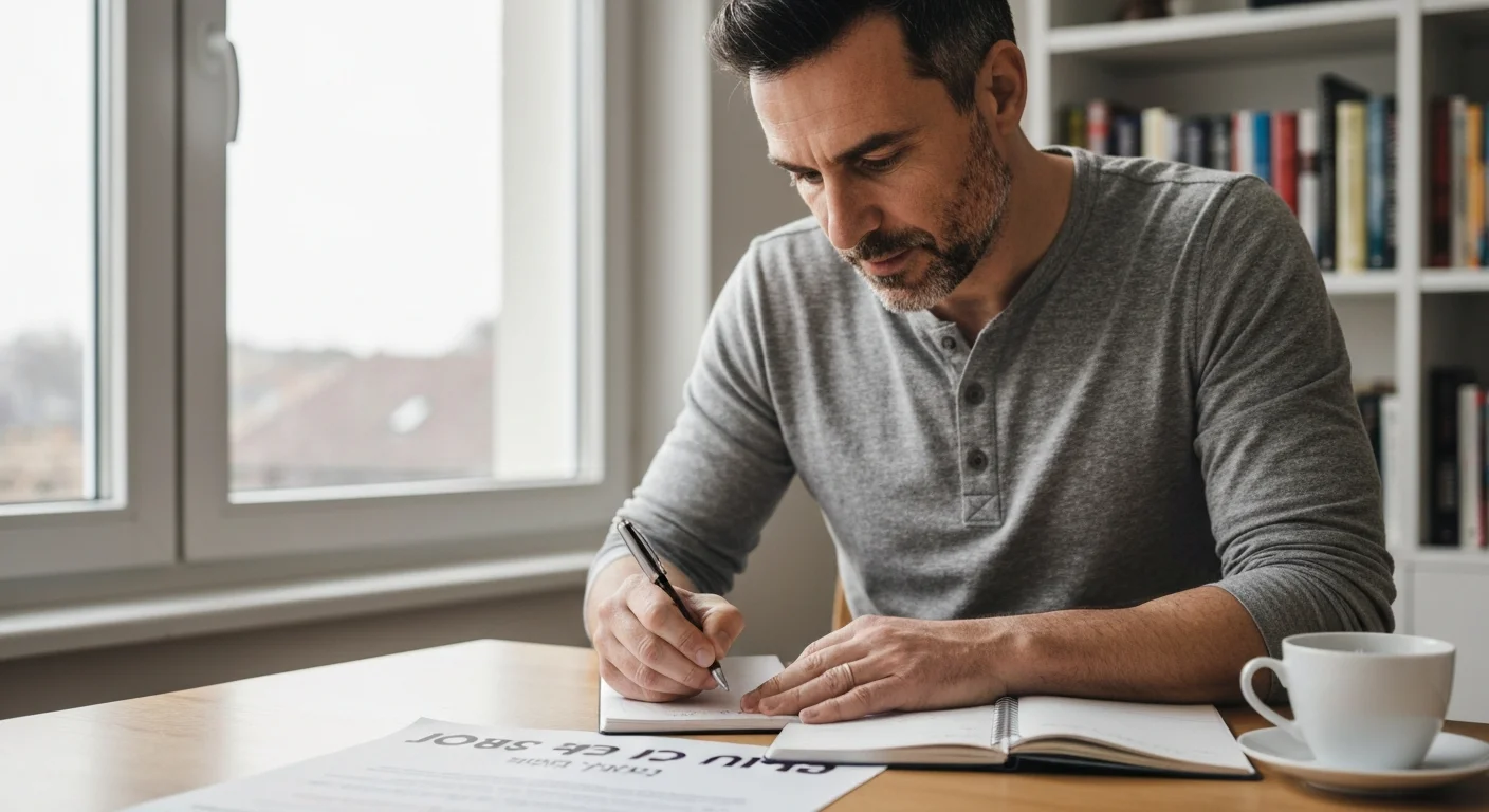 Mann Ende 30 am Küchentisch, rechnet mit Stift und Notizbuch sein erstes Gehaltsangebot nach