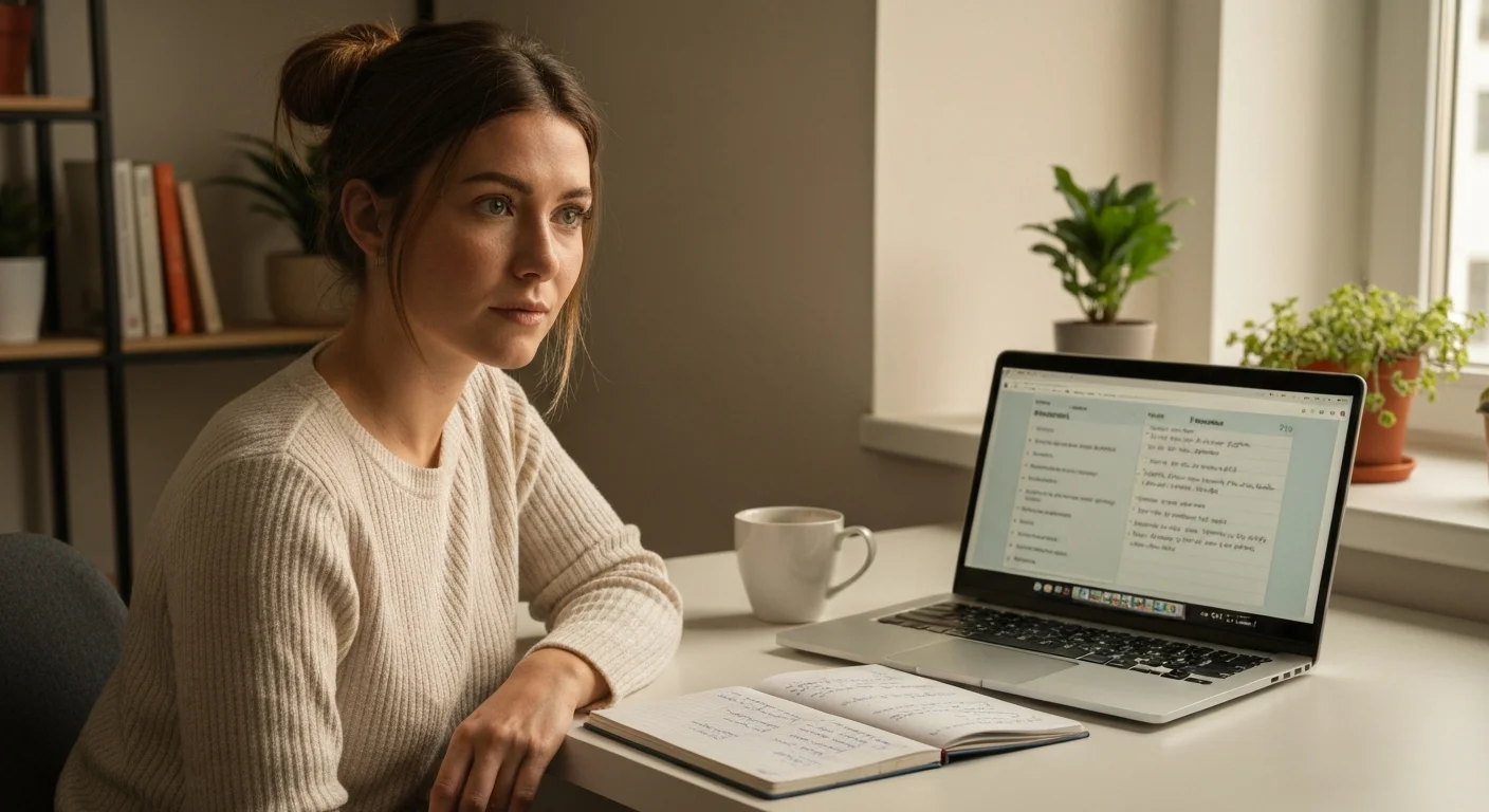 Frau Mitte 20 am Schreibtisch mit Laptop, Notizbuch und Kaffee, konzentrierter Blick