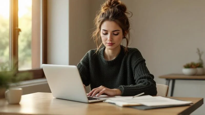 Frau Mitte 30 sitzt konzentriert vor Laptop und Unterlagen am Esstisch, Sonnenlicht von links