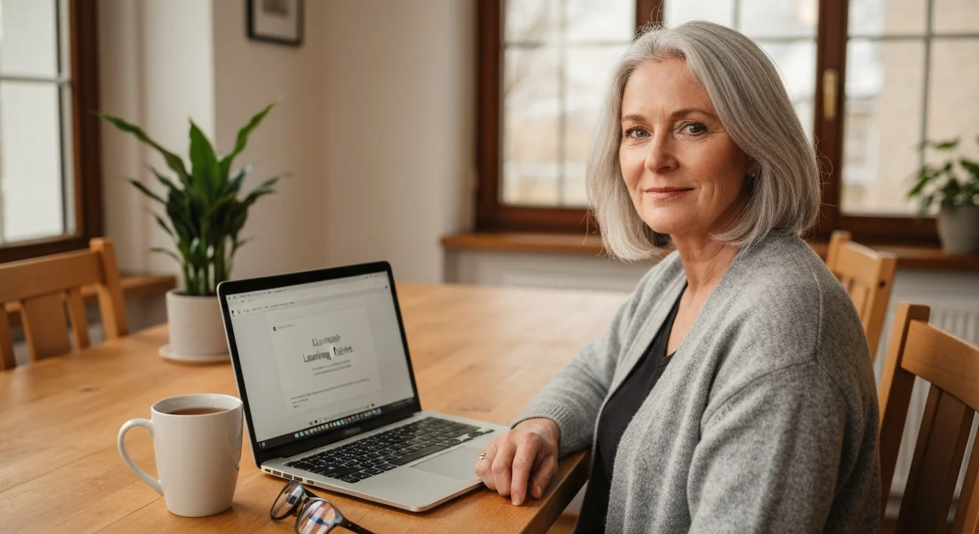 Frau Anfang 50 am Esszimmertisch mit Laptop, ruhige Entschlossenheit, freundlicher Blick