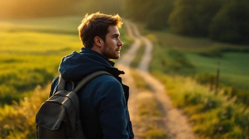 Mann Anfang 30 steht an einer Weggabelung auf einem Feldweg, drei Richtungen, überlegt welchen Weg er nimmt