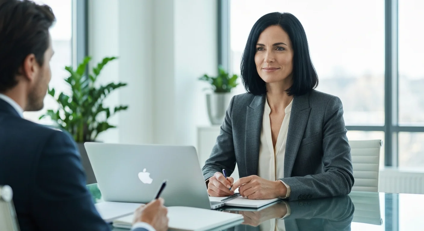 Frau Mitte 30 im Vorstellungsgespräch, ruhig und konzentriert, gegenüber einer Personalerin