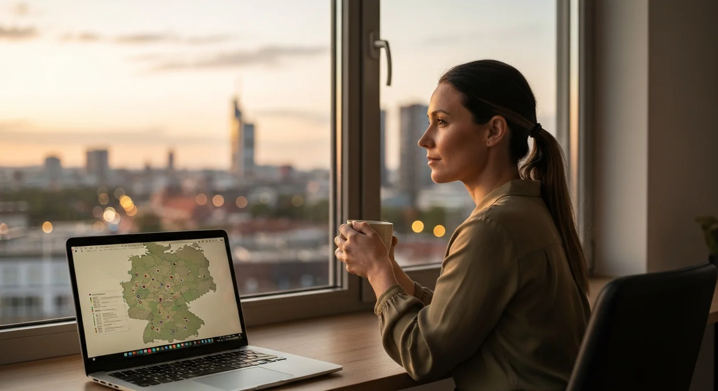 Frau Anfang 30 am Fenster mit Blick auf eine deutsche Stadt, Laptop mit Deutschlandkarte auf dem Tisch