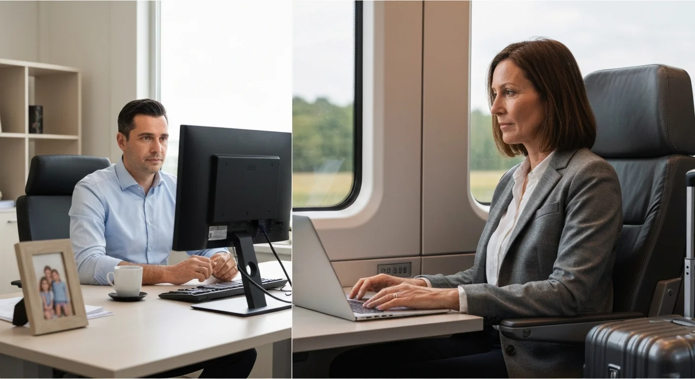Zwei Arbeitsplätze im Split-Screen: links ein ruhiges Unternehmensbüro mit festem Schreibtisch, rechts ein Beraterkoffer im Zug mit Laptop
