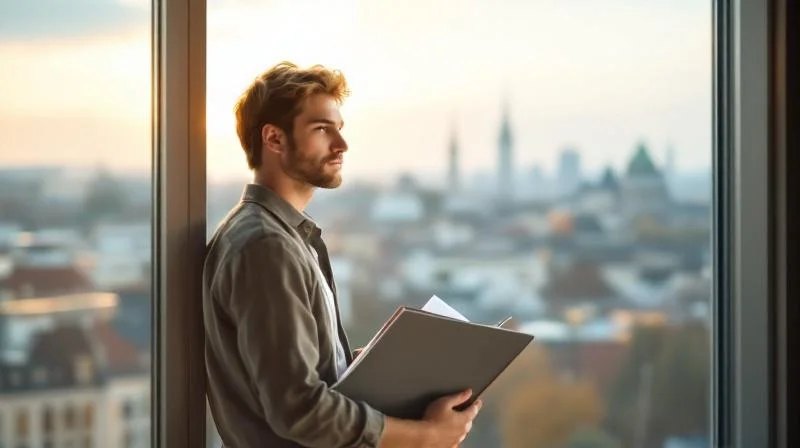 Junger Mann Mitte 20 mit Gesellenbrief in der Hand, nachdenklich vor einem Fenster mit Stadtblick