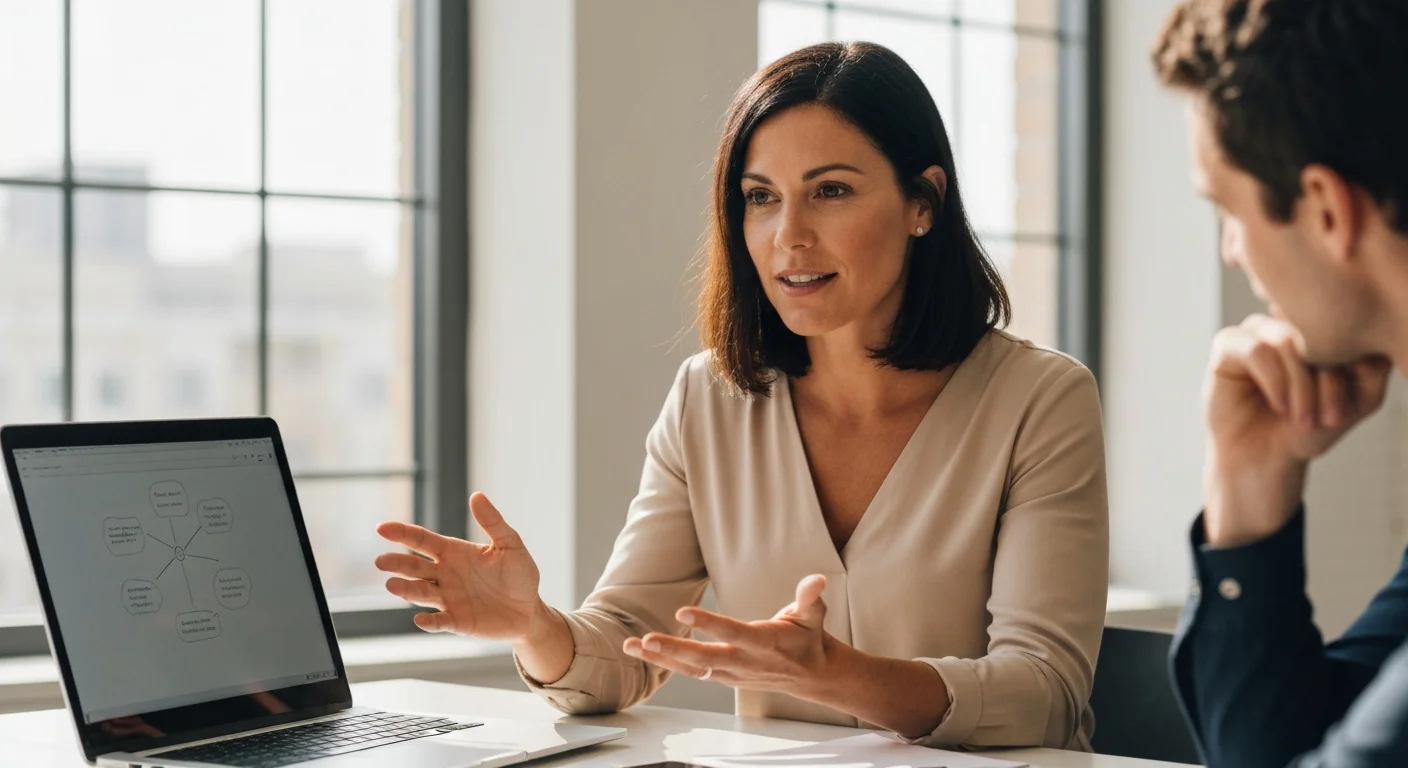Frau Ende 30 zeigt am Laptop ein Prozessdiagramm, erklärt mit den Händen, konzentrierter Zuhörer daneben