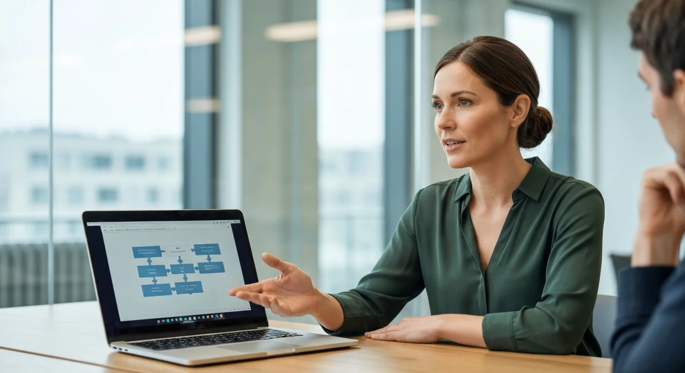 Frau Mitte 30 im Gespräch, zeigt auf Laptop-Bildschirm mit Prozessdiagramm, Gegenüber hört zu