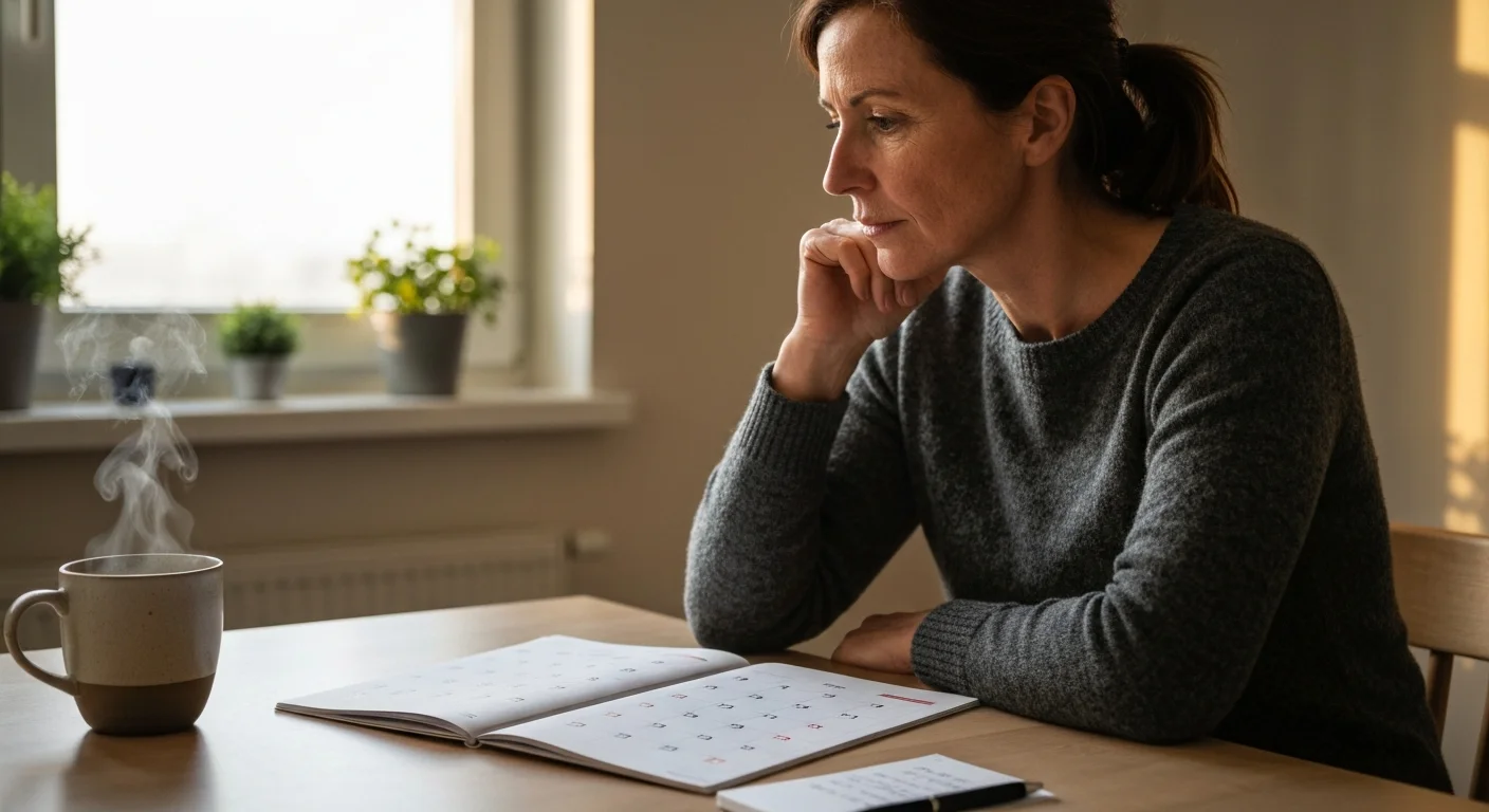 Berufstätige Anfang 40 sitzt am Küchentisch mit Kaffeetasse, blickt nachdenklich auf einen Kalender, ruhiges Morgenlicht