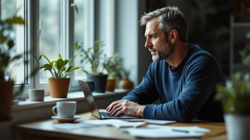 Digitalisierungsmanager Mitte 40 arbeitet konzentriert am Schreibtisch im Home Office, Notizen und Kaffee, ruhige Stimmung