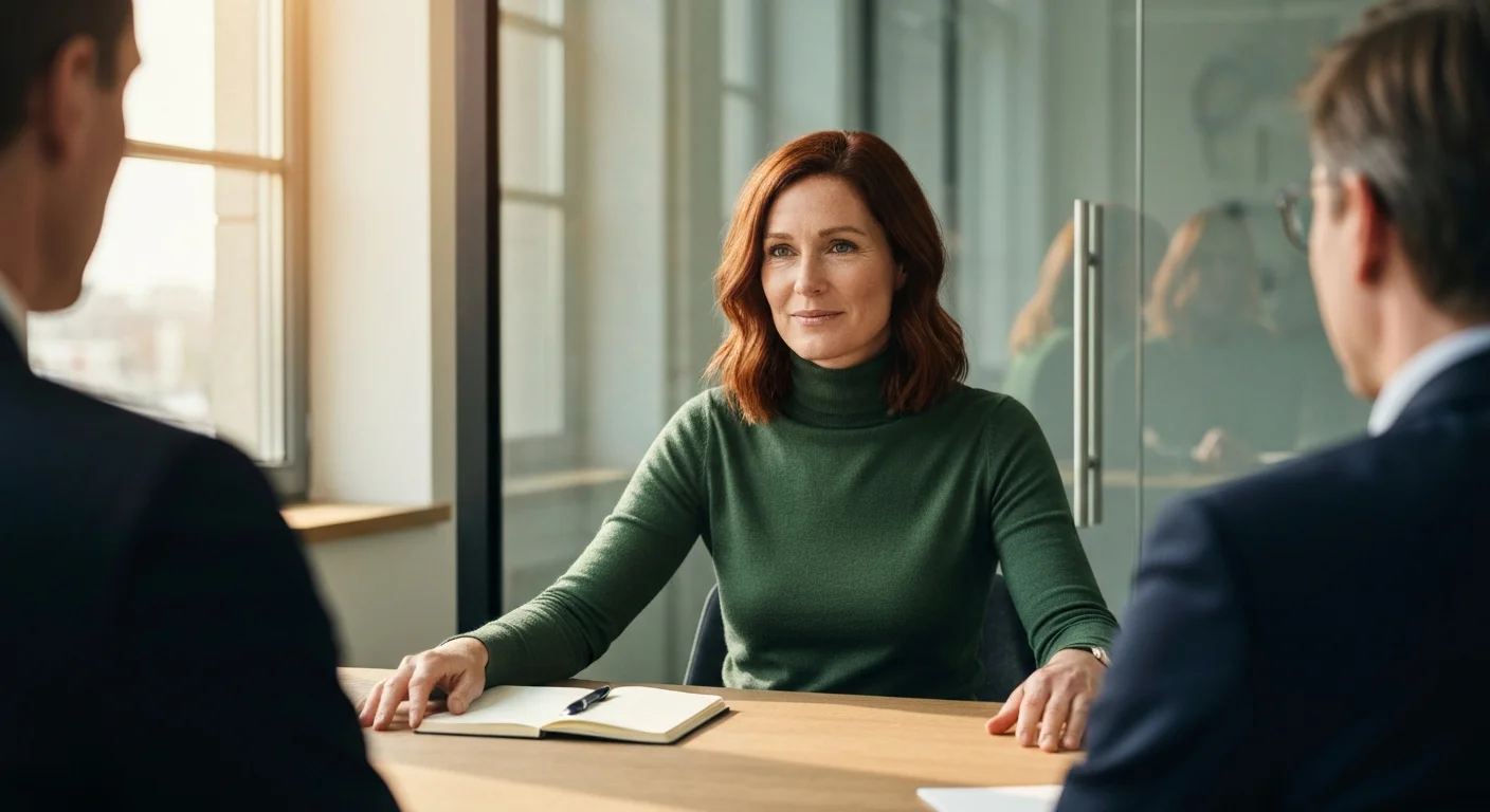 Frau Ende 30 im Gespräch mit zwei Interviewern, ruhige konzentrierte Haltung, Hand auf dem Tisch, offene Körpersprache