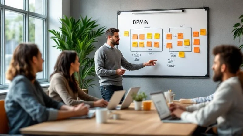 Digitalisierungsmanager Anfang 40 moderiert einen Workshop im Besprechungsraum, Whiteboard mit Prozessdiagramm, vier Kollegen hören zu