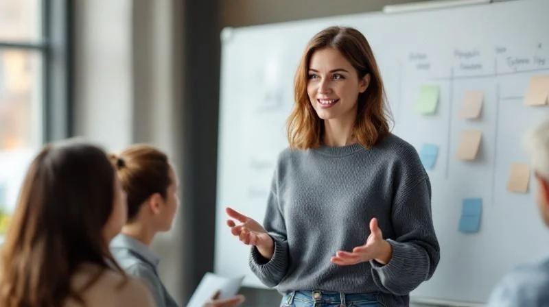 Frau Mitte 30 steht vor einem Whiteboard mit Projektplan und moderiert eine kleine Gruppe Kollegen, die zuhören