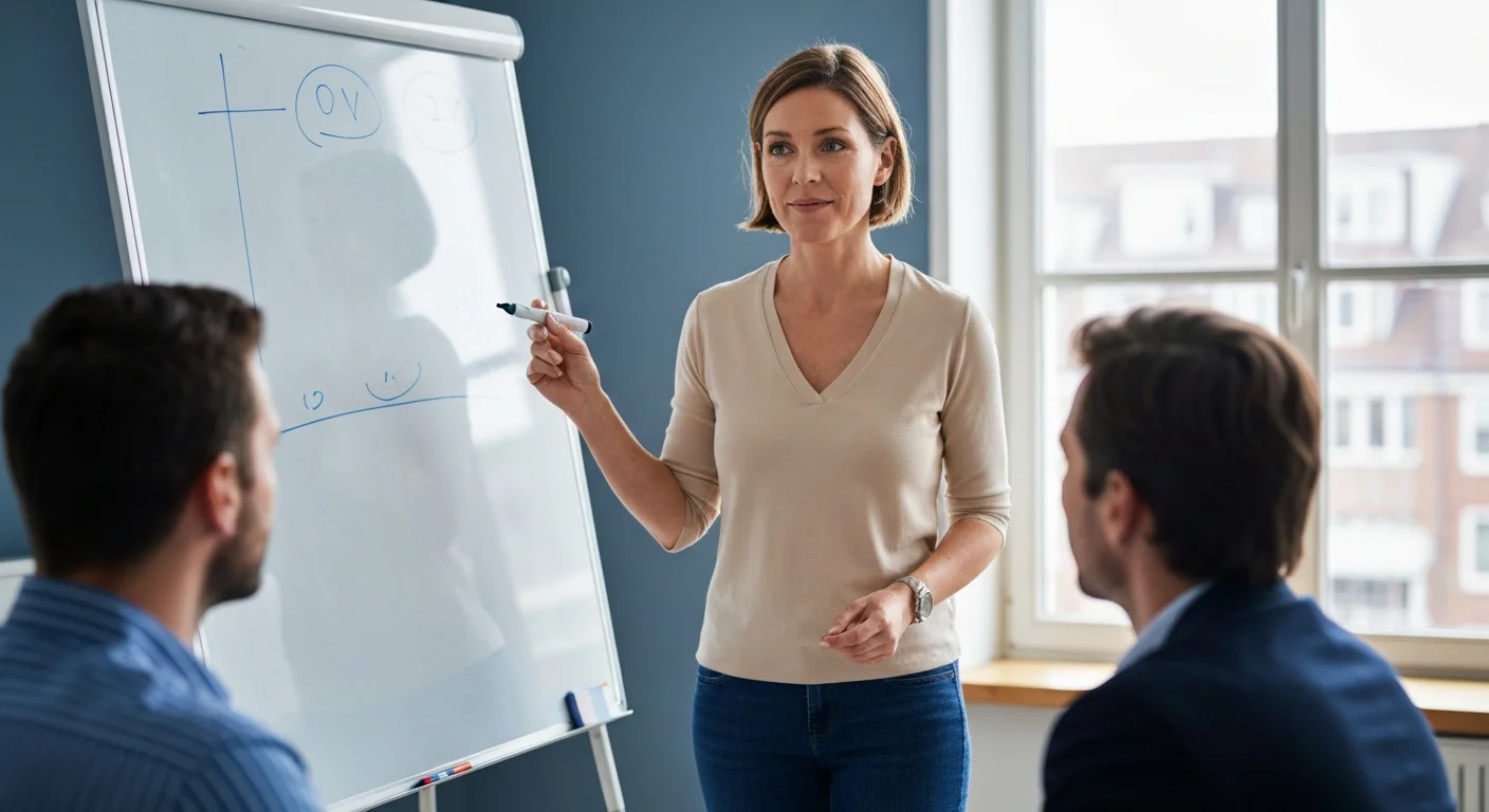 Mittelalte Frau in Bürosituation vor Whiteboard, moderiert Gespräch mit zwei Kollegen, ruhige Körperhaltung, natürliches Licht