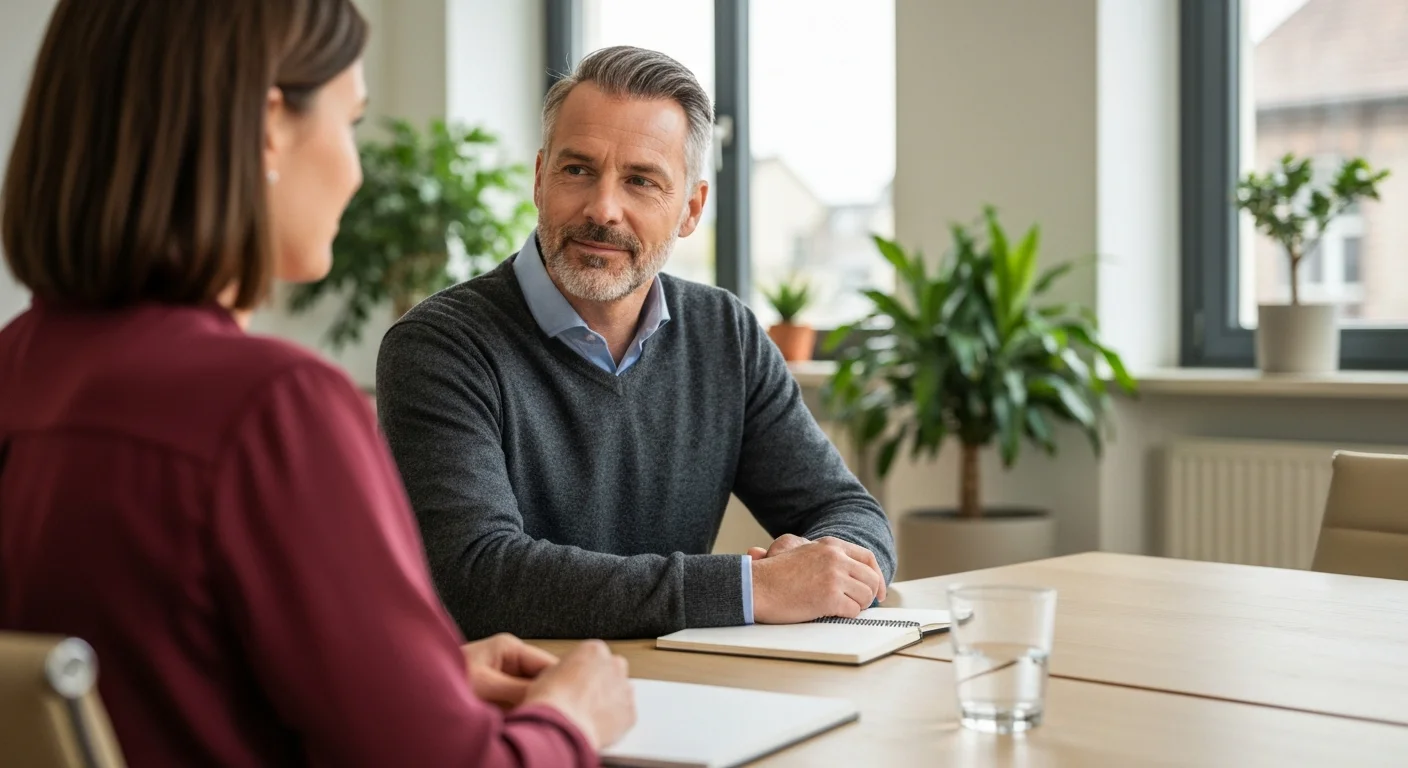 Mann Mitte 40 im Gespräch mit Personalerin, sitzt an hellem Besprechungstisch, ruhige Atmosphäre, Wasserglas und Notizblock