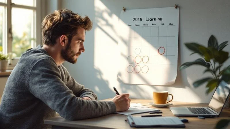 Person Mitte 30 am Schreibtisch, Kalender mit markierten Monaten, Laptop mit Lernmaterial