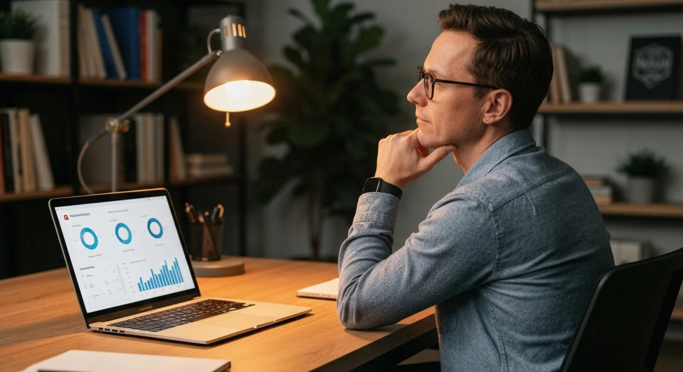 Person am Schreibtisch neben Laptop, KI-Dashboard sichtbar, nachdenklicher Ausdruck